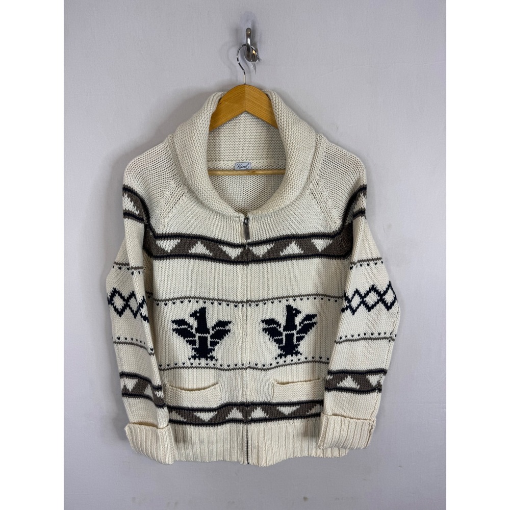 Kismet Cowichan Women L Thunderbird Knit Shawl Zip Cardigan Sweater Wool Blend